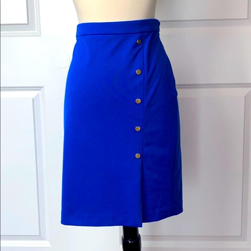 The limited blue pencil skirt with gold buttons